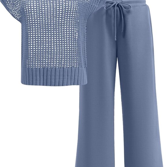 Women Two Piece Outfits Crochet Sheer Knit Sweater Top Wide Leg Pants Lounge Mat